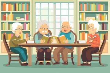 Poster - A group of elderly people passionately studies foreign languages using textbooks and dictionaries in a warm, inviting library environment. Generative AI