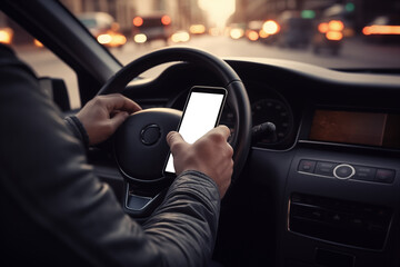 Closeup driver hand is holding smartphone with white screen