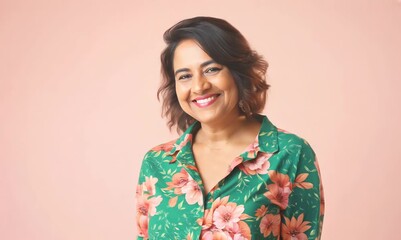 Wall Mural - Portrait of a beautiful latin woman wearing floral shirt and smiling