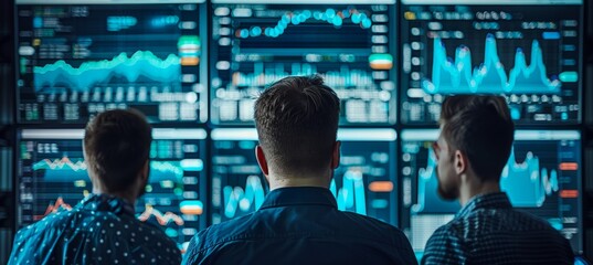 Poster - Three businessman looking on stock market data statistic on screen display. Generative AI technology.