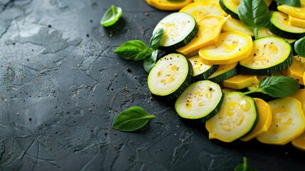 Wall Mural - Sliced squash and zucchini on dark background Organic vegetarian food with text space