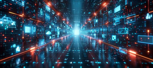 Cyberspace dimension room technology background. Digital data wireless transfer. Generative AI technology.