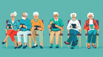 Aufkleber - A group of elderly people sits together, focusing on their tablets and enjoying each other's company in a community center setting. Generative AI