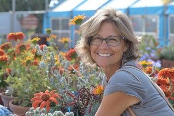 Smiling woman with glasses in a vibrant garden center surrounded by colorful flowers and plants on a sunny day.