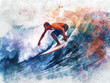 © Agustin - Surfer Riding a Wave in Watercolor Painting