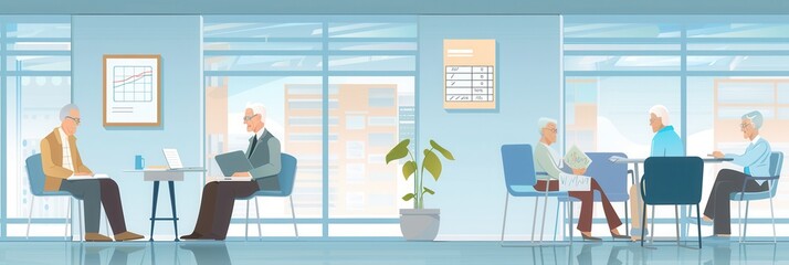 Aufkleber - Several elderly people are sitting and interacting with each other in a sunny community center, reading, working, and enjoying their time together. Generative AI