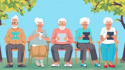 Aufkleber - A group of elderly people sits comfortably in a park, each focused on their personal devices, enjoying a sunny day in nature. Generative AI