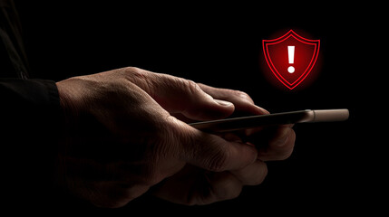 A man using a smartphone with a warning exclamation sign icon on the screen, a business concept for security, data protection and cyber attacks