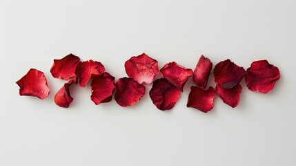 Dry red rose petals arranged on white background Flat lay top view with empty space