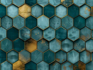 Premium Geometric Hexagon Background in Teal and Gold Tones