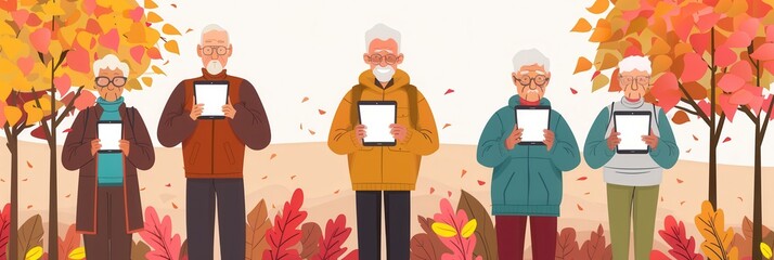 Aufkleber - Five elderly individuals stand among vibrant autumn trees, each holding a tablet while enjoying their surroundings at a park. Generative AI