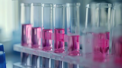 Wall Mural - close up view of test tubes containing liquid samples in laboratory for analysis with text space