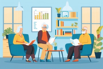 Poster - Three elderly people read and discuss books together in a cozy, well-lit living room surrounded by plants and shelves filled with books. Generative AI