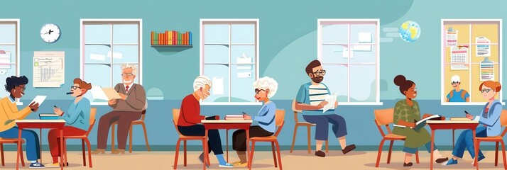 Poster - A group of elderly individuals study foreign languages together, utilizing textbooks and dictionaries in a bright, inviting community center environment. Generative AI
