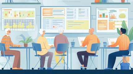 Poster - A group of elderly people participate in a collaborative learning session, focusing on various digital displays in a well-lit classroom setting. Generative AI