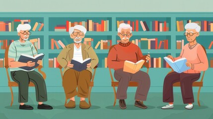 Poster - Four elderly individuals study foreign languages with textbooks and dictionaries in a community center, focused on learning and mutual support. Generative AI