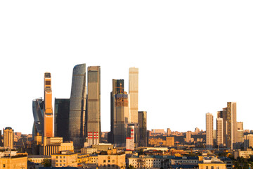 Wall Mural - Panoramic view of Moscow's city skyline featuring modern skyscrapers and high-rise buildings, isolated on a white background. Urban landscape of Moscow, Russia