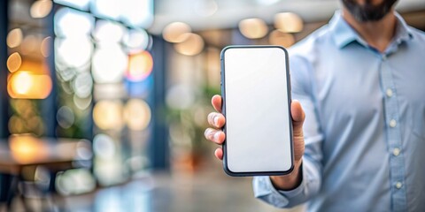 Hand holding a smartphone. Transparent mobile screen mockup. Close-up of a man hand holding a smartphone white screen is blank the background is blurred.Mockup. Generative ai