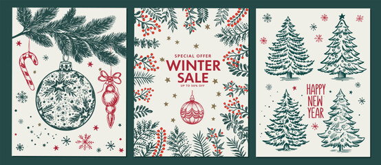 Wall Mural - Christmas set in sketch style, winter sale. Hand drawn illustration.	
