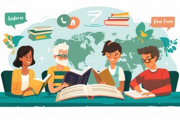 Poster - Four elderly learners study foreign languages together, surrounded by textbooks and dictionaries in a warm and inviting environment. Generative AI