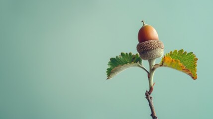 Wall Mural - image of a young acorn sprouting against a pale green backdrop
