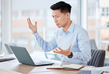 Poster - Stress, laptop and businessman in office with frustration for stock market crash online with finance loss. Crisis, mistake and Asian male financial broker upset for investment decline on computer.