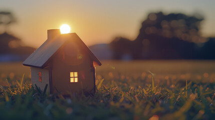 Poster - A miniature house, softly illuminated, stands solitary in a field at sunset, capturing a moment of serene beauty and tranquility.