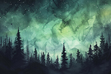 Wall Mural - A painting of a forest with trees and a starry sky