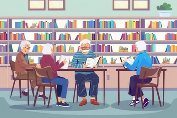 Poster - Four elderly individuals are studying foreign languages together, surrounded by shelves filled with colorful books and resources in a community library. Generative AI