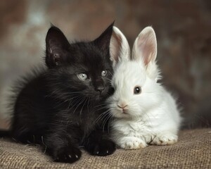 A cute black kitten and a white bunny are sitting side by side, looking at the camera