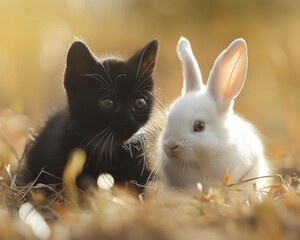 A black kitten and a white bunny are sitting in a field of tall grass