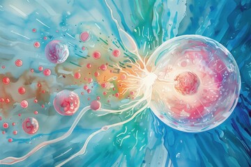 Wall Mural - illustration of the process of fertilization with sperm cells approaching an egg cell