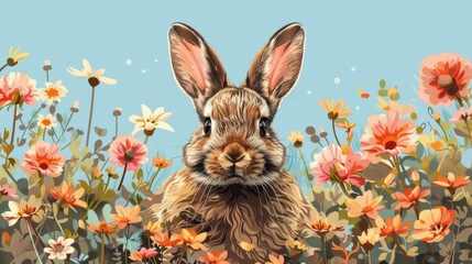 A beautiful watercolor painting of a rabbit sitting in a field of flowers