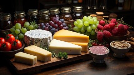 Poster - A set of fresh products for the iet on a dark wooden table 