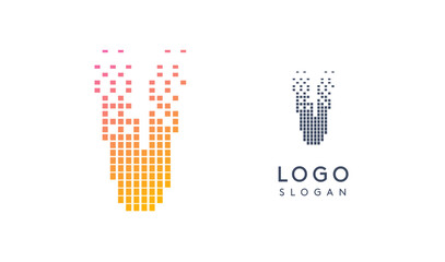 Pixelated Letter V transitioning into scattered pixels with gradient colors creating modern, digital effect like equalizer. Abstract logo for tech software and digital media. Vector illustration.
