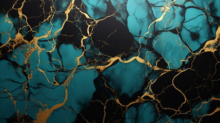 Abstract marble background, A dark black and turquoise blue marble pattern with gold veins.background, wallpaper.