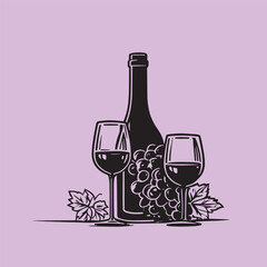 Wall Mural -  Wine bottle with wine glass and grapes doodle icon