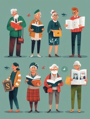 Poster - Group of elderly individuals studying foreign languages using various textbooks and dictionaries in a lively learning environment. Generative AI