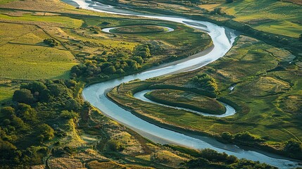 Wall Mural - Witness the dynamic flow of a river winding through the landscape, showcasing its meandering path.