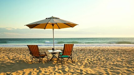 Wall Mural - Beach chairs under umbrella at sunset by the ocean shore