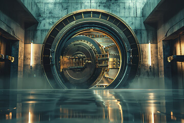 Massive bank vault doors wide open, symbolizing security, wealth, and access to valuable assets. The scene highlights the impressive structure and the importance of safeguarding financial resources.