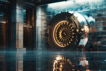 Massive bank vault doors wide open, symbolizing security, wealth, and access to valuable assets. The scene highlights the impressive structure and the importance of safeguarding financial resources.