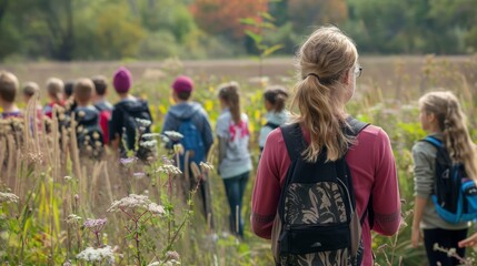 Sticker - A school teacher leads a group of students on a nature walk, explaining different plant species and ecosystems.