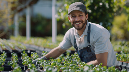 Smiling greenhouse worker moving trays of seedlings