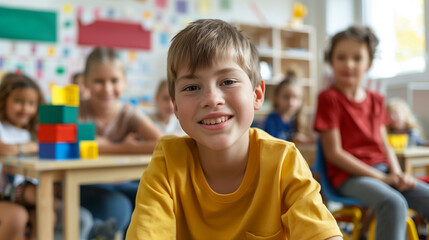 Smiling student with autism in elementary school classroom