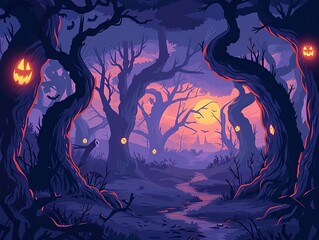 creepy forest, twisted trees, halloween spook, flat design illustration