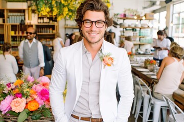 Handsome Groom Smiling in a Stylish White Suit at a Wedding Reception