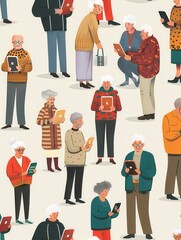 Aufkleber - A vibrant gathering of elderly people using tablets and smartphones, showcasing their engagement with modern technology in a communal setting. Generative AI