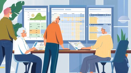 Poster - A group of elderly individuals collaborates around a large table, reviewing charts and data on screens in a bright office environment. Generative AI