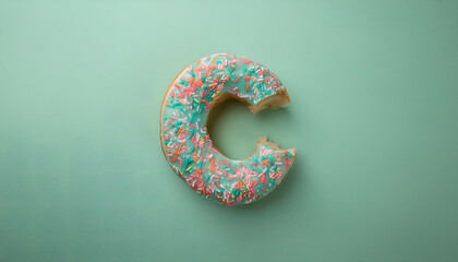 Frosted sprinkled donut in the shape of the letter C